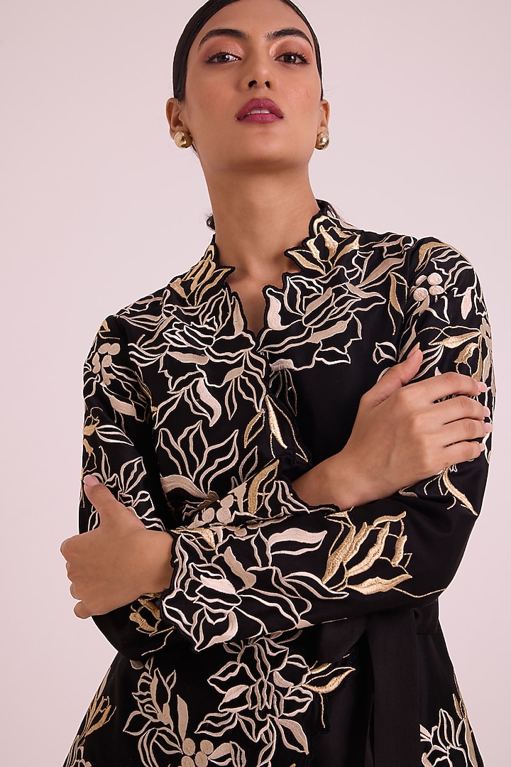 Black Handloom Chanderi Silk Floral Embroidered Blazer Jacket Set by MADDER MUCH at Pernia's Pop Up Shop