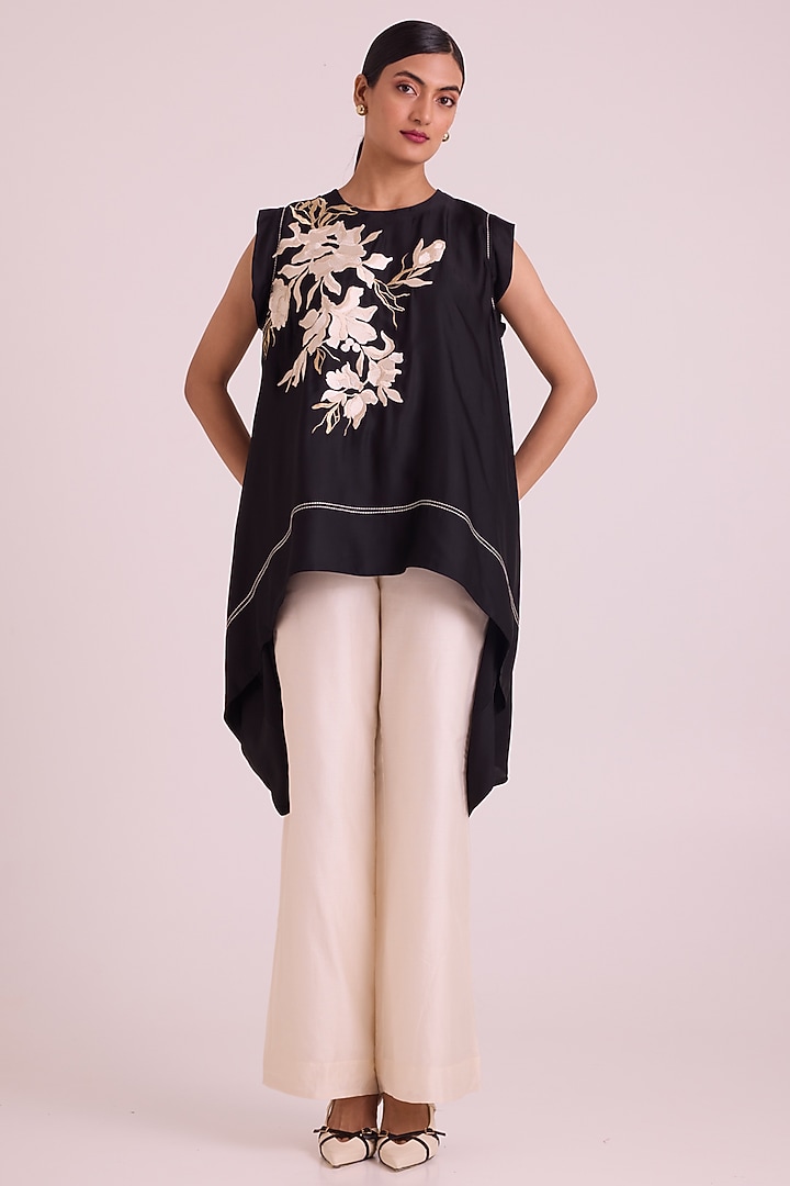 Ivory Chanderi Silk Floral Embroidered Pant Set by MADDER MUCH at Pernia's Pop Up Shop