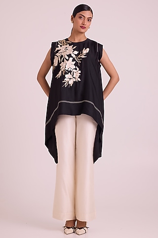 Ivory Chanderi Silk Floral Embroidered Pant Set by MADDER MUCH