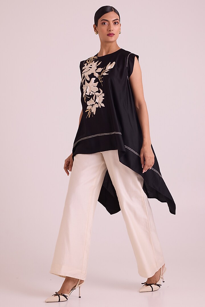 Ivory Chanderi Silk Floral Embroidered Pant Set by MADDER MUCH at Pernia's Pop Up Shop