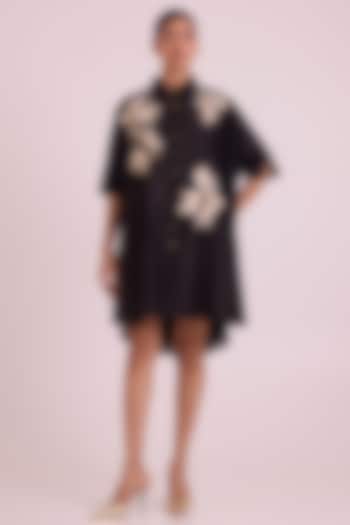 Black Modal Floral Embroidered High-Low Summer Shirt Dress by MADDER MUCH at Pernia's Pop Up Shop