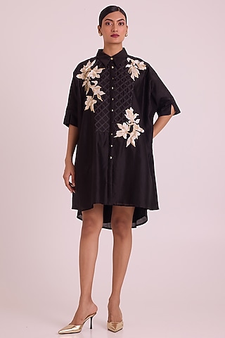 Black Modal Floral Embroidered High-Low Shirt Dress by MADDER MUCH