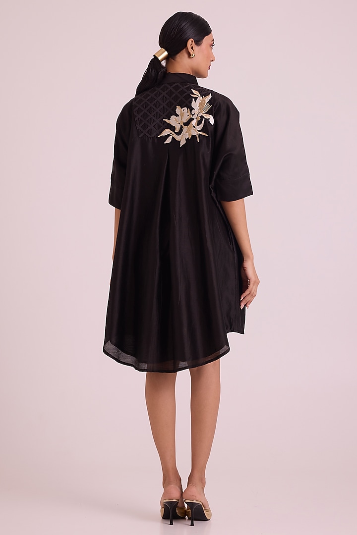 Black Modal Floral Embroidered High-Low Summer Shirt Dress by MADDER MUCH at Pernia's Pop Up Shop