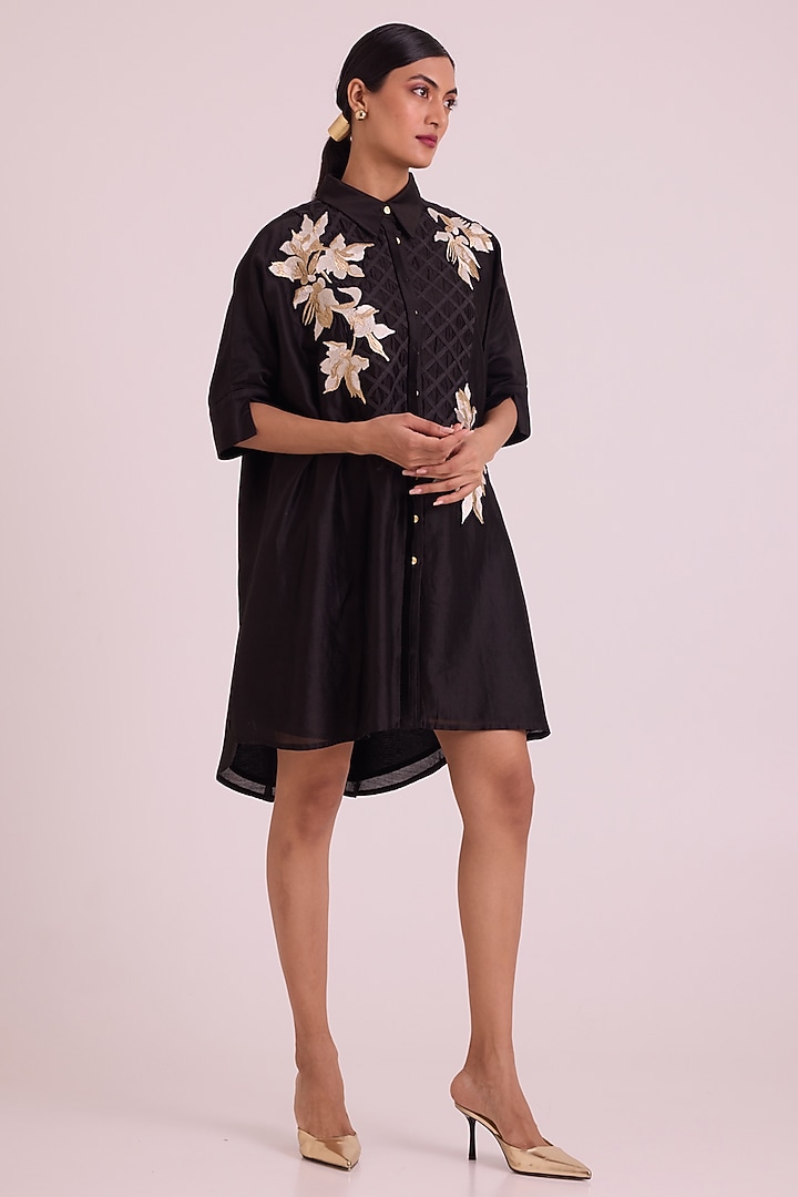 Black Modal Floral Embroidered High-Low Summer Shirt Dress by MADDER MUCH at Pernia's Pop Up Shop