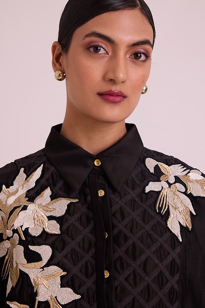 Black Modal Floral Embroidered High-Low Summer Shirt Dress by MADDER MUCH at Pernia's Pop Up Shop