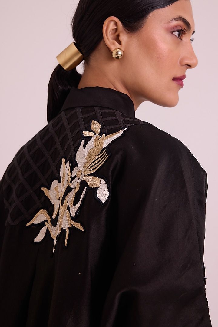 Black Modal Floral Embroidered High-Low Summer Shirt Dress by MADDER MUCH at Pernia's Pop Up Shop