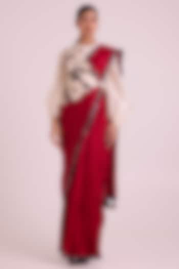 Red Handloom Chanderi Silk Embroidered Pre-Draped Wedding Saree Set by MADDER MUCH at Pernia's Pop Up Shop