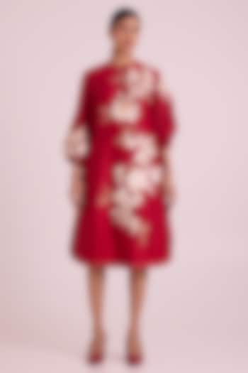 Red Handloom Chanderi Silk Midi Vacation Dress With Belt by MADDER MUCH at Pernia's Pop Up Shop