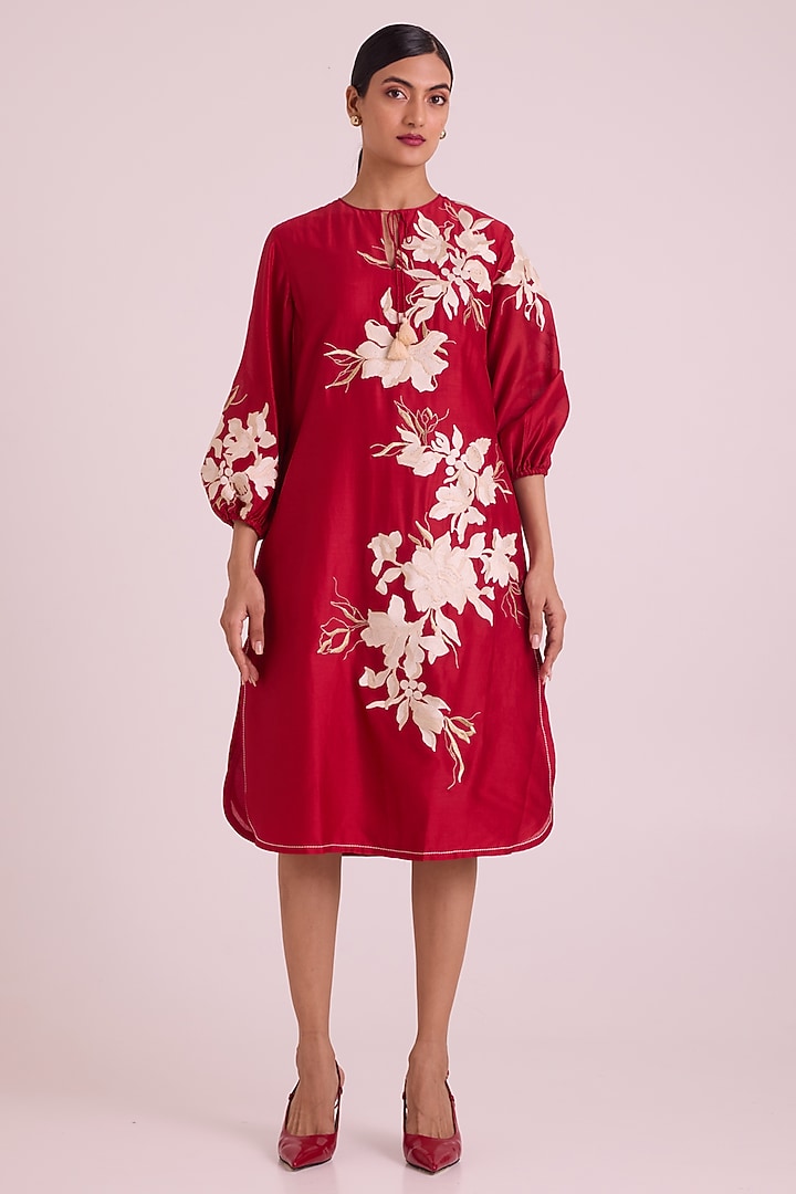 Red Handloom Chanderi Silk Midi Vacation Dress With Belt by MADDER MUCH at Pernia's Pop Up Shop