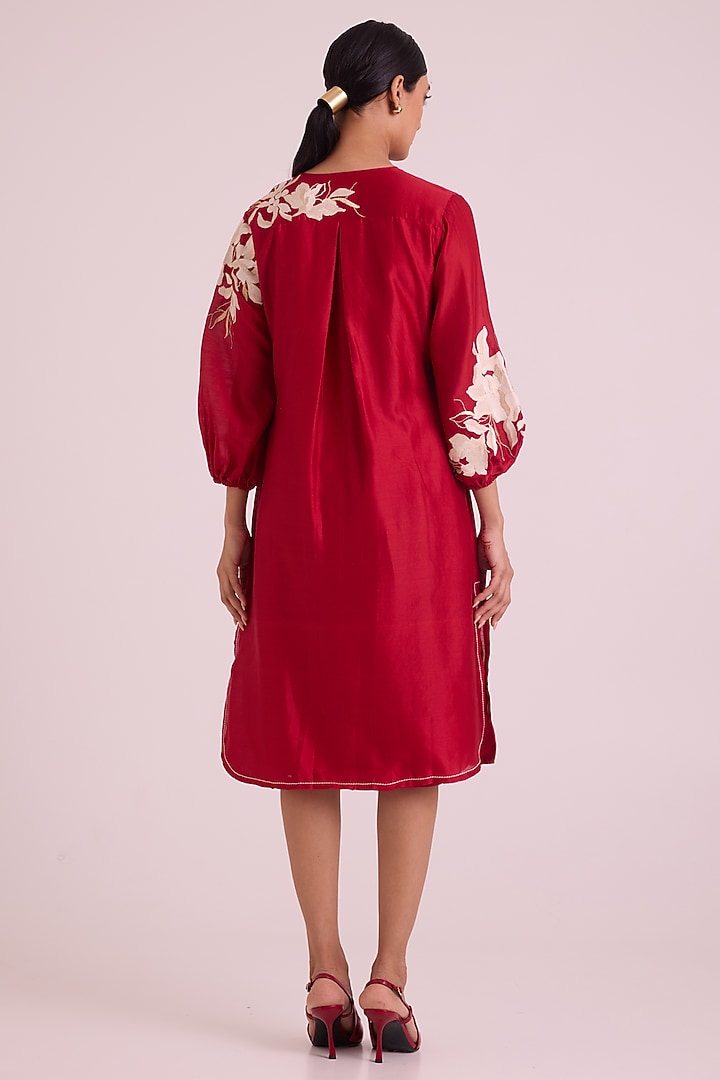 Red Handloom Chanderi Silk Midi Vacation Dress With Belt by MADDER MUCH at Pernia's Pop Up Shop