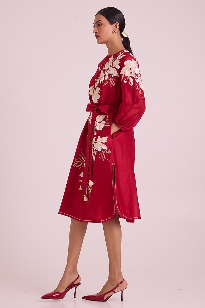 Red Handloom Chanderi Silk Midi Vacation Dress With Belt by MADDER MUCH at Pernia's Pop Up Shop