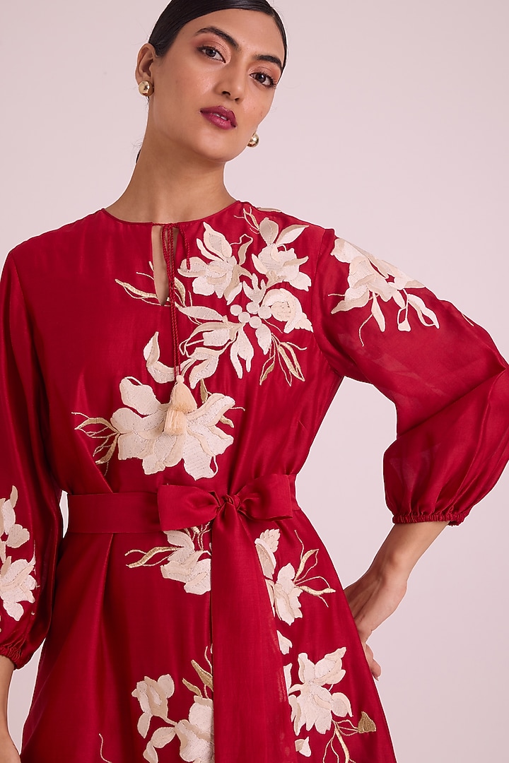 Red Handloom Chanderi Silk Midi Vacation Dress With Belt by MADDER MUCH at Pernia's Pop Up Shop