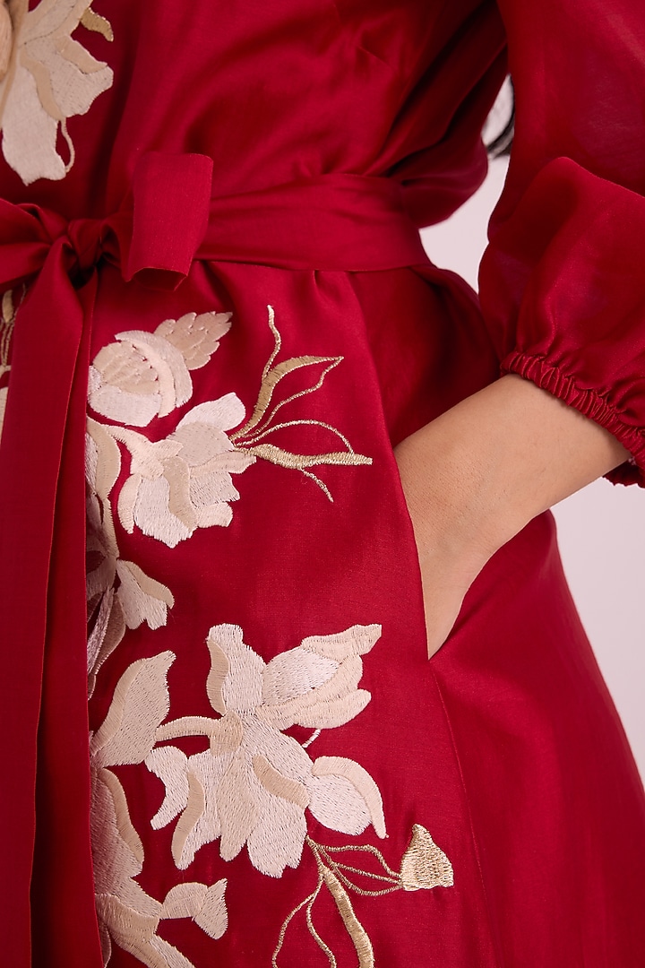 Red Handloom Chanderi Silk Midi Vacation Dress With Belt by MADDER MUCH at Pernia's Pop Up Shop