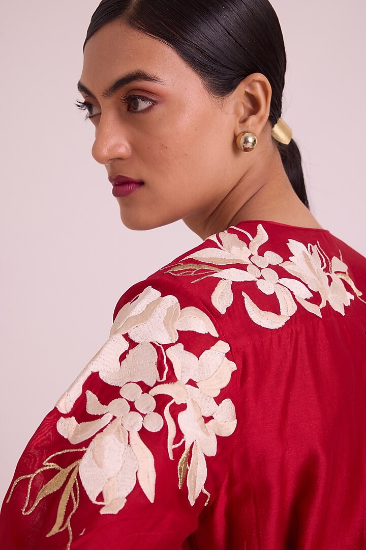 Red Handloom Chanderi Silk Midi Vacation Dress With Belt by MADDER MUCH at Pernia's Pop Up Shop