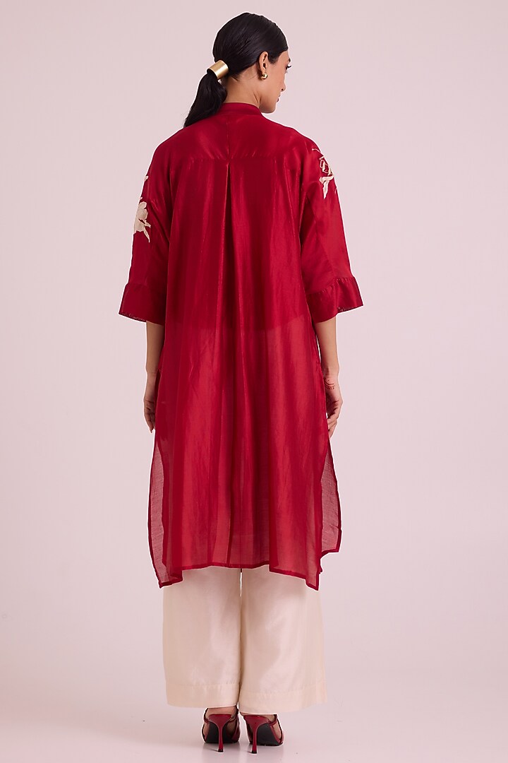 Red Chanderi Silk Floral Embroidered Tunic Set by MADDER MUCH at Pernia's Pop Up Shop