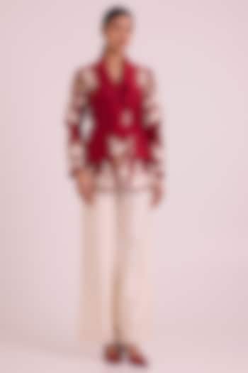 Red Chanderi Silk Floral Embroidered Blazer Set by MADDER MUCH at Pernia's Pop Up Shop