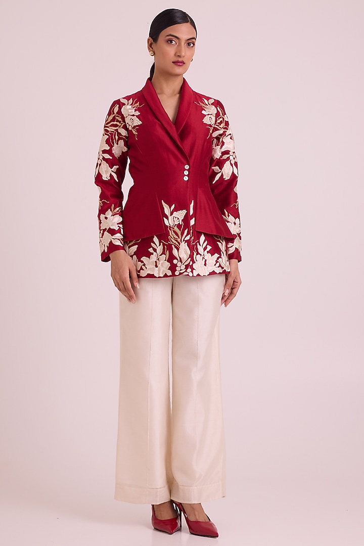 Red Chanderi Silk Floral Embroidered Blazer Set by MADDER MUCH at Pernia's Pop Up Shop