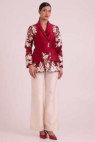 Red Chanderi Silk Floral Embroidered Blazer Set by MADDER MUCH