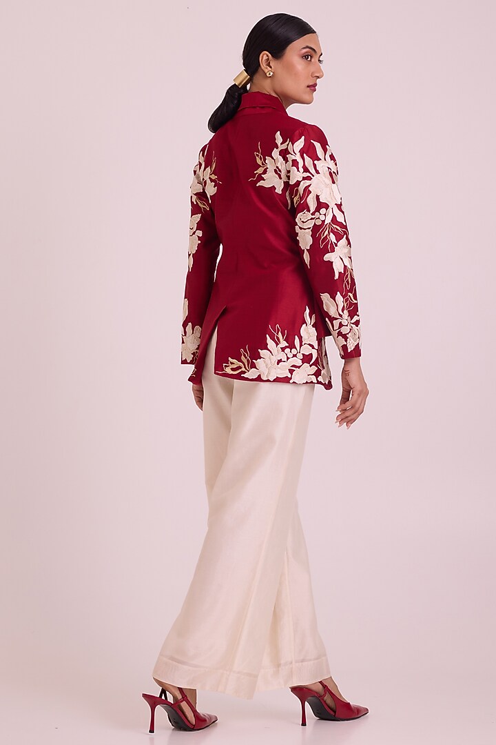 Red Chanderi Silk Floral Embroidered Blazer Set by MADDER MUCH at Pernia's Pop Up Shop