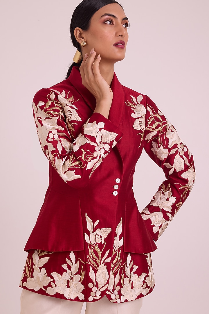 Red Chanderi Silk Floral Embroidered Blazer Set by MADDER MUCH at Pernia's Pop Up Shop