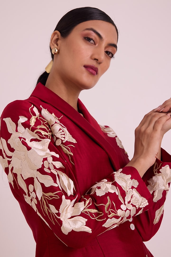 Red Chanderi Silk Floral Embroidered Blazer Set by MADDER MUCH at Pernia's Pop Up Shop