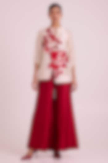 Crimson Red Chanderi Silk Floral Embroidered Pant Set by MADDER MUCH at Pernia's Pop Up Shop