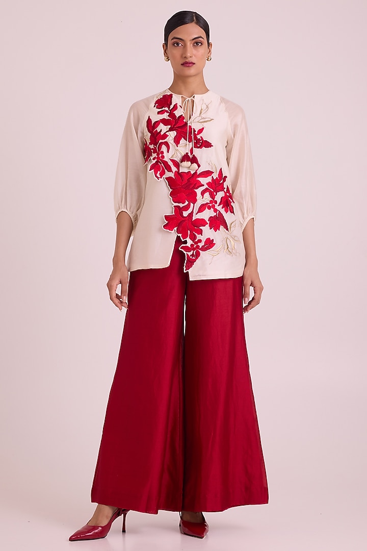 Crimson Red Chanderi Silk Floral Embroidered Pant Set by MADDER MUCH at Pernia's Pop Up Shop