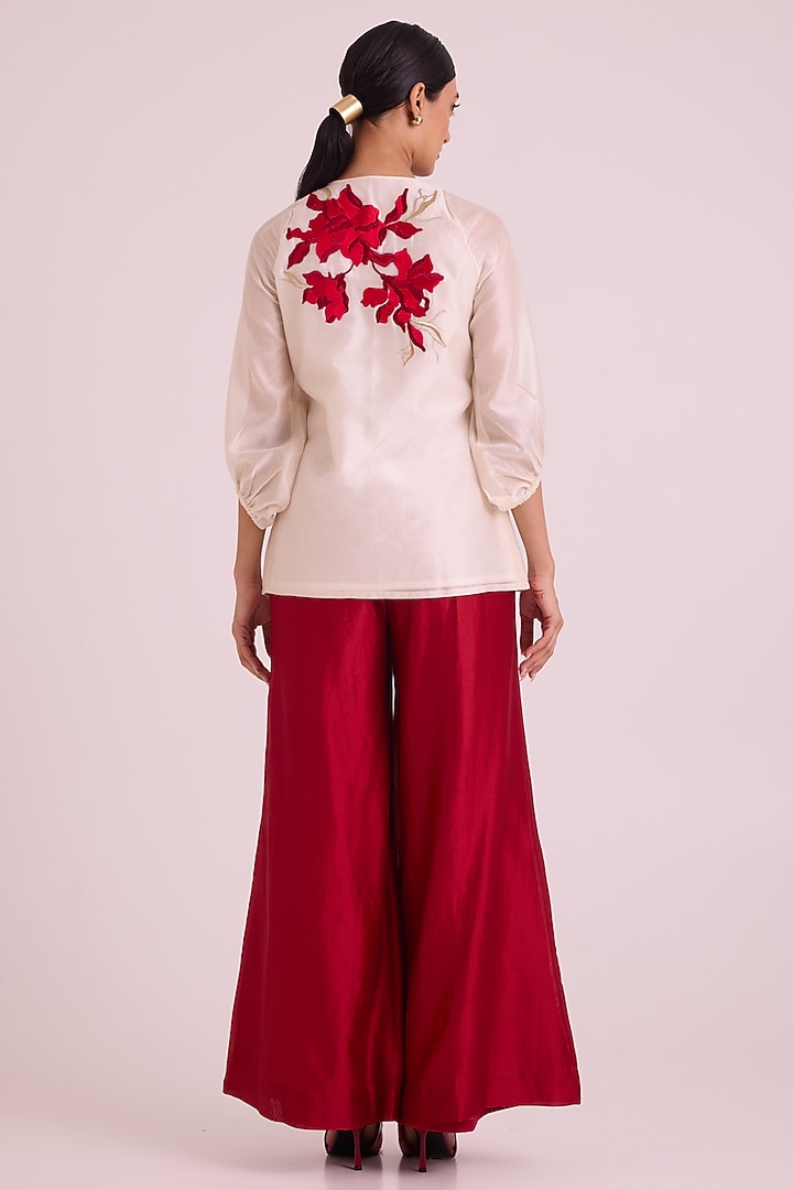 Crimson Red Chanderi Silk Floral Embroidered Pant Set by MADDER MUCH at Pernia's Pop Up Shop