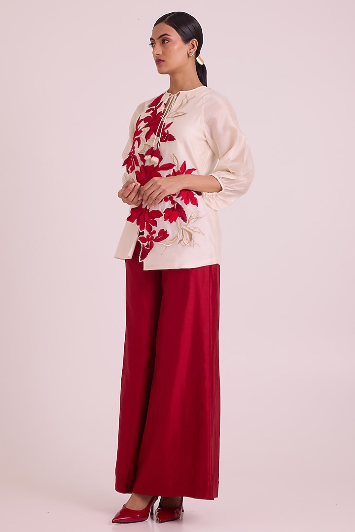 Crimson Red Chanderi Silk Floral Embroidered Pant Set by MADDER MUCH at Pernia's Pop Up Shop