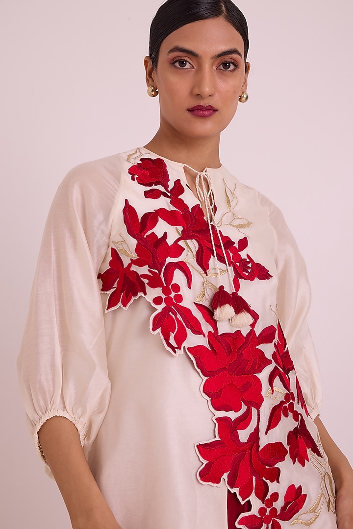 Crimson Red Chanderi Silk Floral Embroidered Pant Set by MADDER MUCH at Pernia's Pop Up Shop