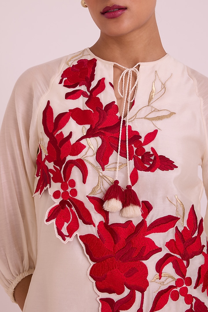 Crimson Red Chanderi Silk Floral Embroidered Pant Set by MADDER MUCH at Pernia's Pop Up Shop