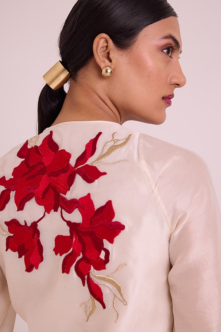 Crimson Red Chanderi Silk Floral Embroidered Pant Set by MADDER MUCH at Pernia's Pop Up Shop