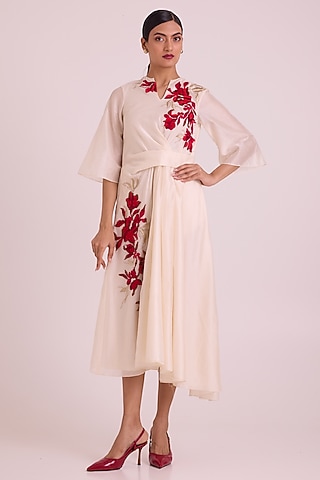White Handloom Chanderi Silk Floral Dress by MADDER MUCH