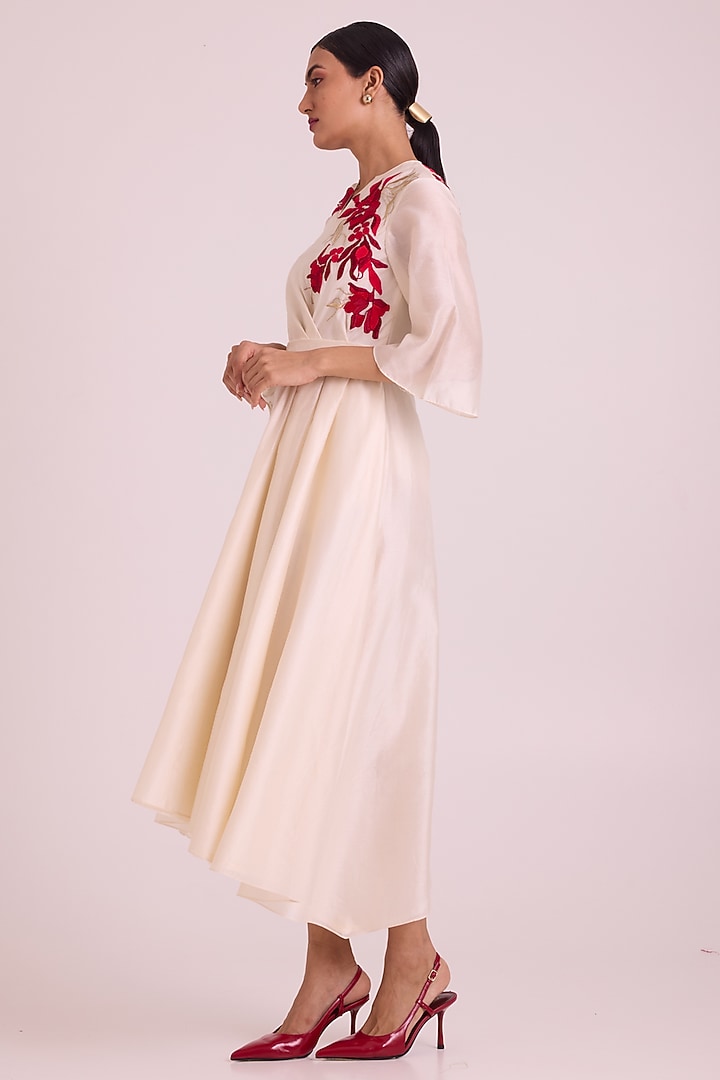 White Handloom Chanderi Silk Floral Vacation Dress by MADDER MUCH at Pernia's Pop Up Shop