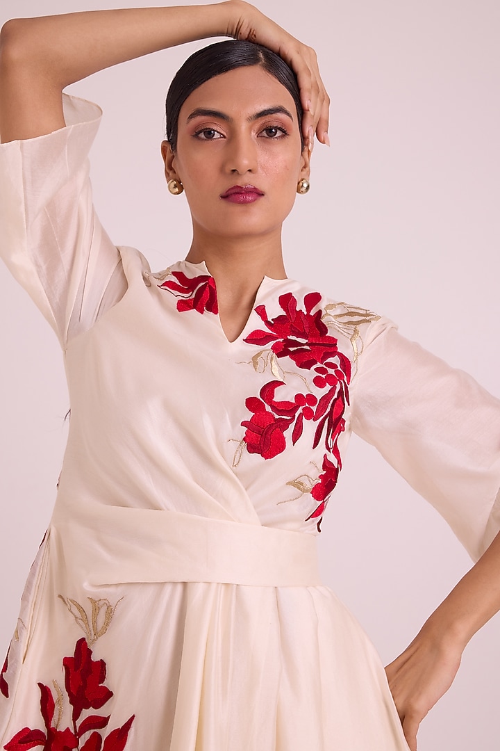 White Handloom Chanderi Silk Floral Vacation Dress by MADDER MUCH at Pernia's Pop Up Shop