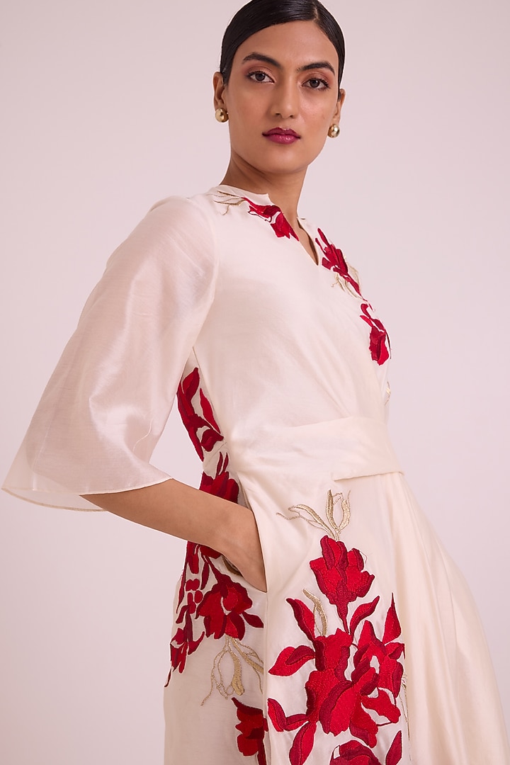 White Handloom Chanderi Silk Floral Vacation Dress by MADDER MUCH at Pernia's Pop Up Shop