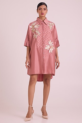 Old Rose Modal Floral Embroidered High-Low Shirt Dress by MADDER MUCH