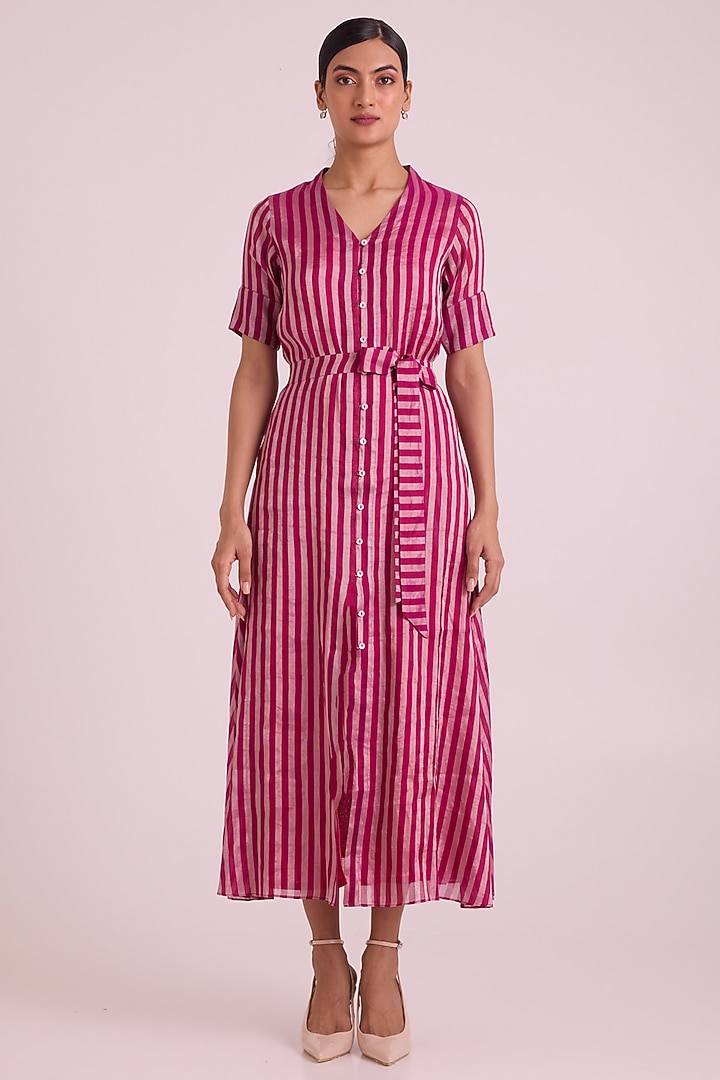 Pink Handloom Silk Zari Tissue Button-Down Vacation Dress With Belt by MADDER MUCH at Pernia's Pop Up Shop