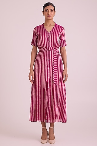 Pink Handloom Silk Zari Tissue Button-Down Dress With Belt by MADDER MUCH