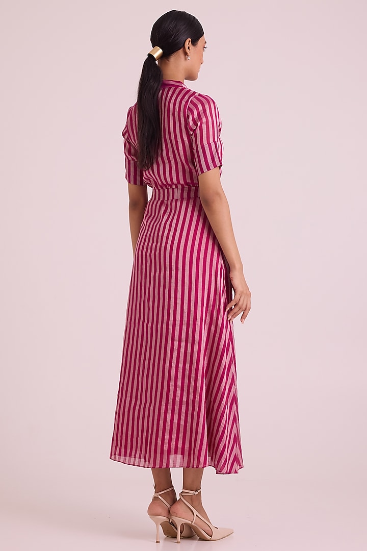 Pink Handloom Silk Zari Tissue Button-Down Vacation Dress With Belt by MADDER MUCH at Pernia's Pop Up Shop