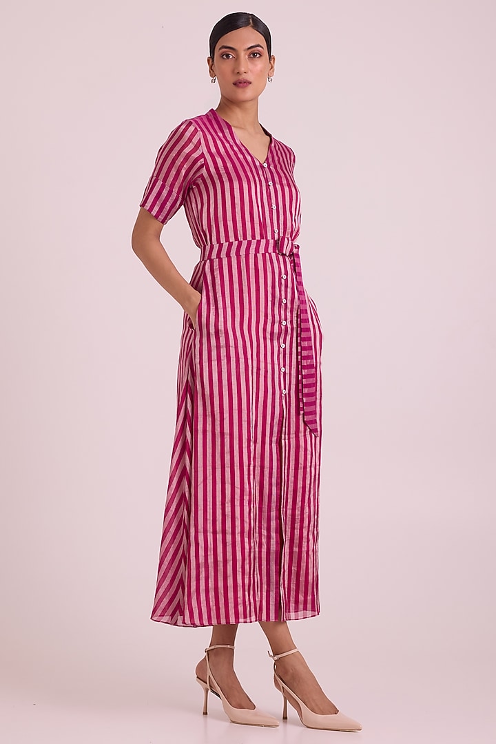 Pink Handloom Silk Zari Tissue Button-Down Vacation Dress With Belt by MADDER MUCH at Pernia's Pop Up Shop