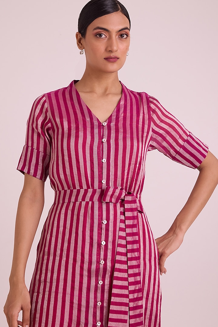 Pink Handloom Silk Zari Tissue Button-Down Vacation Dress With Belt by MADDER MUCH at Pernia's Pop Up Shop