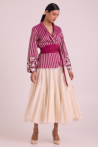 Ivory Chanderi Silk Embroidered Circular Skirt Set by MADDER MUCH