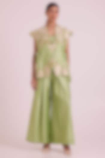 Mint Green Chanderi Silk Floral Embroidered Cape Set by MADDER MUCH at Pernia's Pop Up Shop