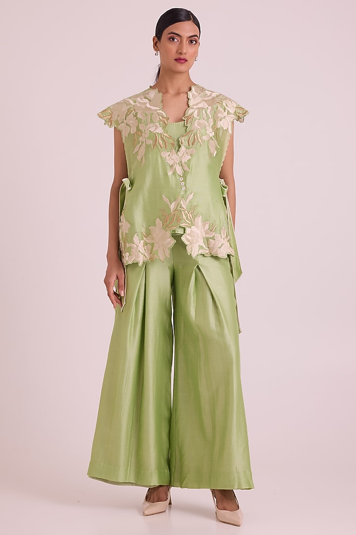 Mint Green Chanderi Silk Floral Embroidered Cape Set by MADDER MUCH at Pernia's Pop Up Shop