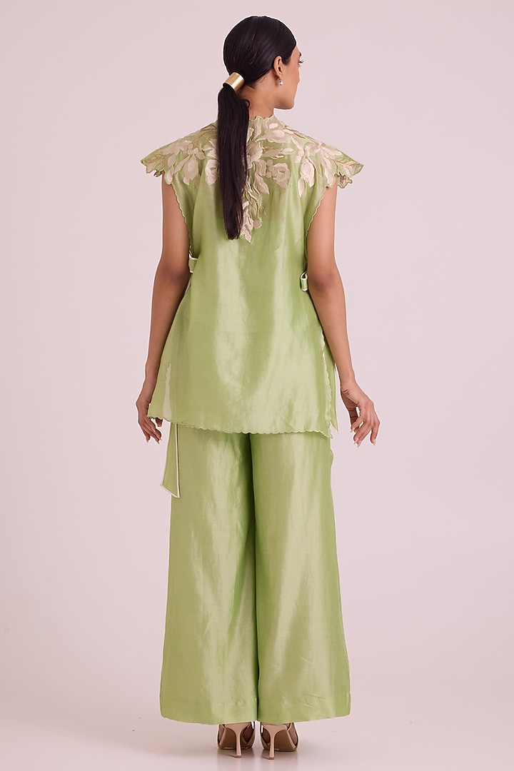 Mint Green Chanderi Silk Floral Embroidered Cape Set by MADDER MUCH at Pernia's Pop Up Shop