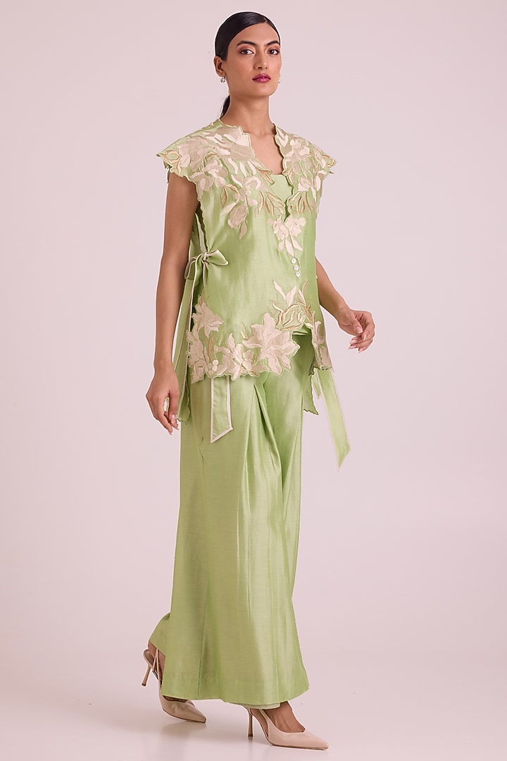 Mint Green Chanderi Silk Floral Embroidered Cape Set by MADDER MUCH at Pernia's Pop Up Shop