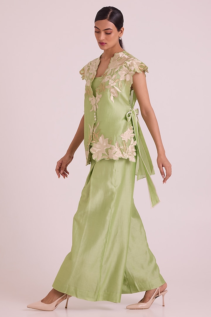 Mint Green Chanderi Silk Floral Embroidered Cape Set by MADDER MUCH at Pernia's Pop Up Shop