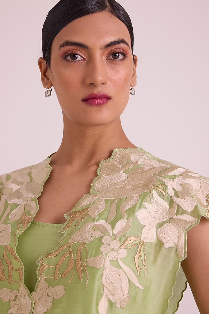 Mint Green Chanderi Silk Floral Embroidered Cape Set by MADDER MUCH at Pernia's Pop Up Shop