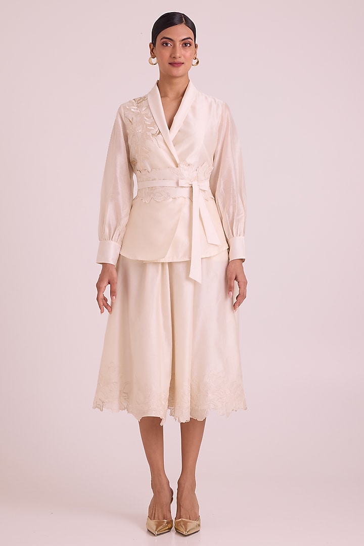 Ivory Chanderi Silk Applique Embroidered Skirt Set by MADDER MUCH at Pernia's Pop Up Shop